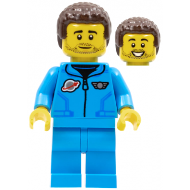 lunar research astronaut - male dark azure jumpsuit dark brown coiled hair stubble