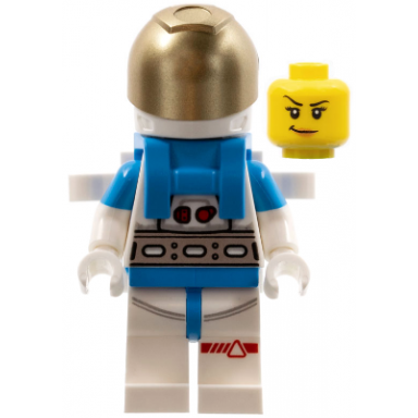 lunar research astronaut - female white and dark azure suit white helmet metallic gold visor backpack clips smirk
