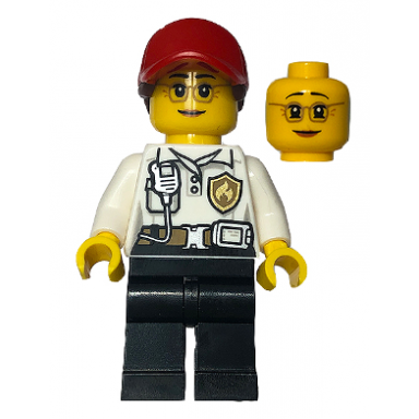 fire - female white shirt with fire logo badge and belt black legs red cap with ponytail
