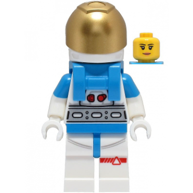 lunar research astronaut - female white and dark azure suit white helmet metallic gold visor peach lips smile