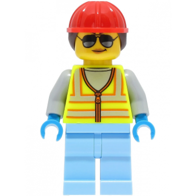 space engineer - female neon yellow safety vest bright light blue legs red construction helmet with dark brown ponytail hair sunglasses