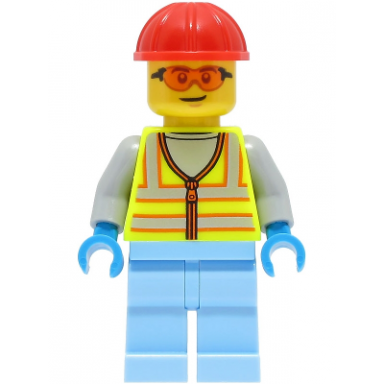space engineer - male neon yellow safety vest bright light blue legs red construction helmet safety glasses