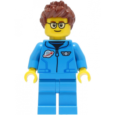 lunar research astronaut - male dark azure jumpsuit reddish brown spiked hair glasses