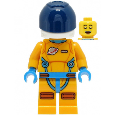 lunar research astronaut - male bright light orange and dark azure suit white helmet dark blue visor open mouth smile