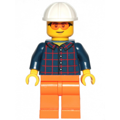construction worker - male dark blue plaid button shirt orange legs white construction helmet safety glasses