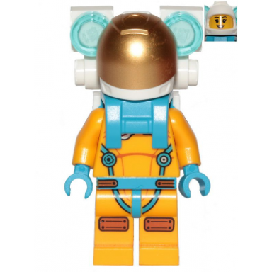lunar research astronaut - female bright light orange and dark azure suit white helmet metallic gold visor backpack lights