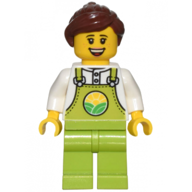 farmer - female lime overalls over white shirt lime legs reddish brown hair freckles