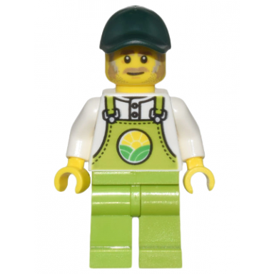 farmer horace - lime overalls over white shirt lime legs dark green cap dark tan moustache and sideburns