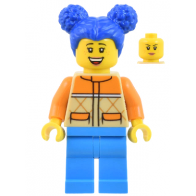 woman - tan and orange quilted vest dark azure legs blue pigtails freckles