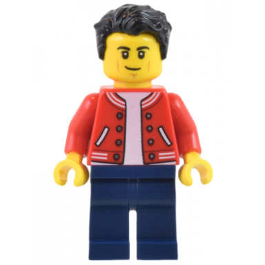 man - red jacket dark blue legs black hair smirk and cheek lines