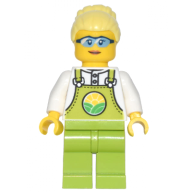 farmer peach - lime overalls over white shirt lime legs bright light yellow high bun glasses