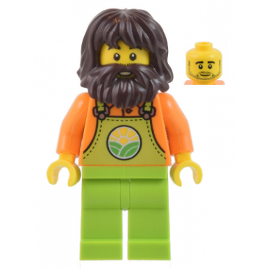farmer - male lime overalls over orange shirt lime legs dark brown shaggy hair and beard