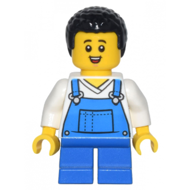 child - boy blue overalls over v-neck shirt blue short legs black coiled hair freckles