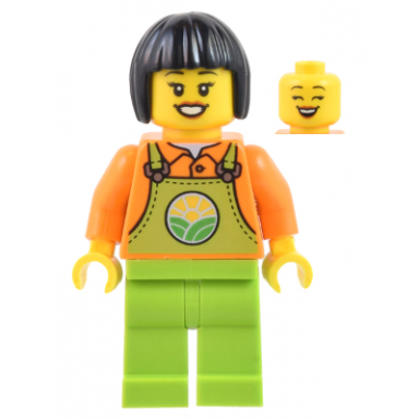 farmer - female lime overalls over orange shirt lime legs black short hair