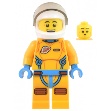 lunar research astronaut - male bright light orange and dark azure suit white helmet trans-brown visor lieutenant jamie