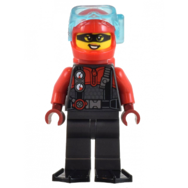 police - crook female red and pearl dark gray diving suit black flippers red helmet and air tanks trans-light blue diver mask betsy bass