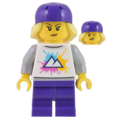 electric scooter rider - female white shirt with mountains logo dark purple medium legs dark purple bicycle helmet with bright light yellow hair freckles