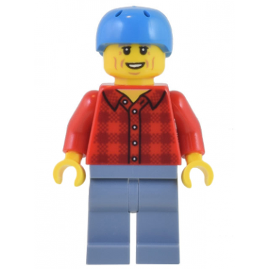 electric scooter rider - red plaid flannel shirt sand blue legs dark azure helmet light bluish gray eyebrows