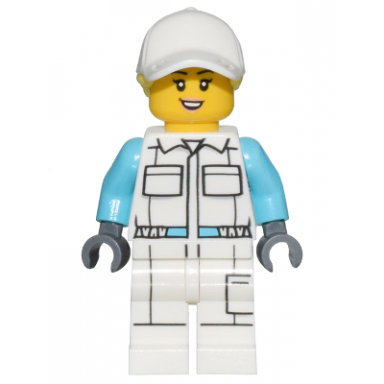 electric scooter attendant - female white jumpsuit with pockets white legs with pocket white cap with bright light yellow ponytail hair
