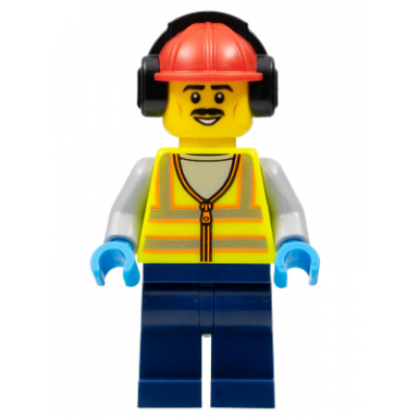 stuntz crew - male neon yellow safety vest dark blue legs red construction helmet with black ear protectors headphones