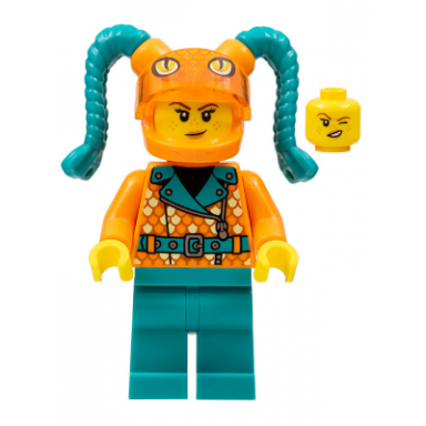 stuntz driver - female orange coat with scales dark turquoise legs orange helmet with tassels snake visor