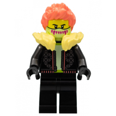 stuntz driver - male black jacket and legs bright light yellow fur collar coral spiked hair yellowish green mask