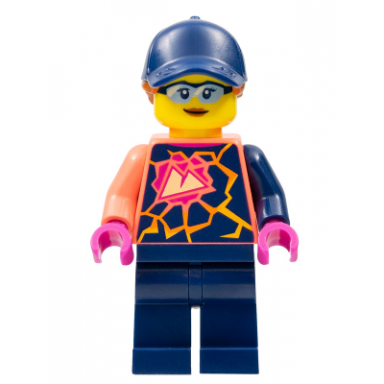 stuntz crew - female coral shirt with sports logo dark blue legs dark blue cap with dark orange ponytail glasses