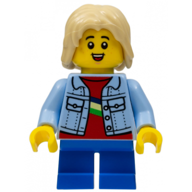 child - boy bright light blue denim jacket blue short legs tan hair freckles