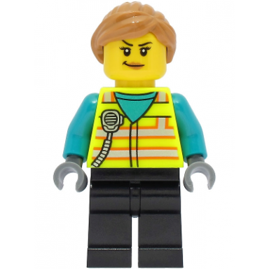 train driver - female neon yellow safety vest with radio black legs medium nougat ponytail hair
