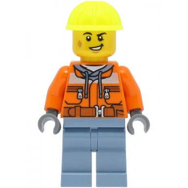 train worker - male orange safety jacket sand blue legs neon yellow construction helmet