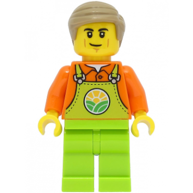 train worker - male orange shirt lime overalls dark tan hair
