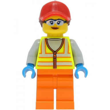 reach stacker driver - female neon yellow safety vest orange legs red cap with reddish brown ponytail