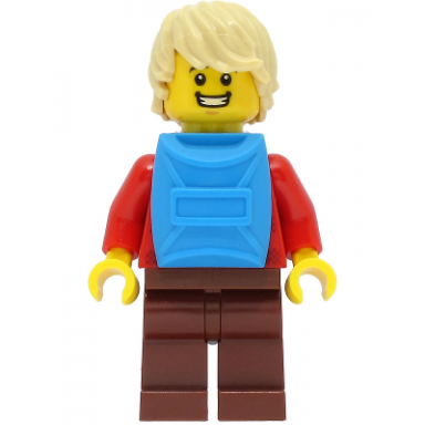 passenger - male red plaid flannel shirt reddish brown legs tan hair dark azure backpack