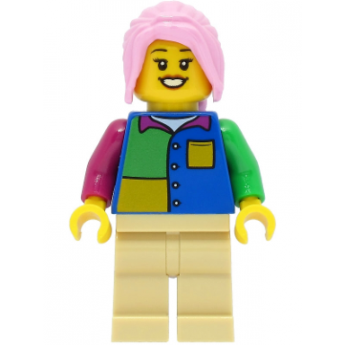 passenger - female blue shirt tan legs bright pink hair