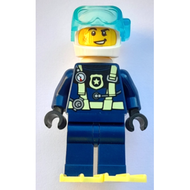 police - city officer dark blue diving suit with bright light yellow harness flippers white helmet and air tanks scuff mark