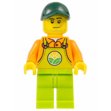 farmer - male lime overalls over orange shirt lime legs dark green cap