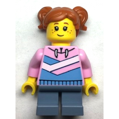 child - girl bright pink hoodie with medium blue and white diagonal stripes sand blue short legs dark orange hair with pigtails freckles