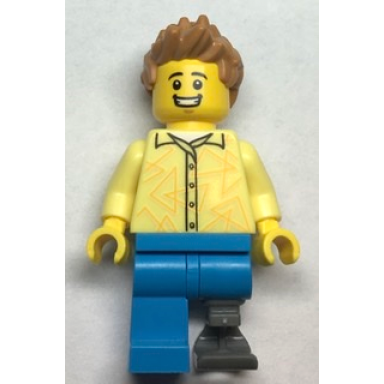 grocery store customer - male bright light yellow shirt dark azure legs with prosthetic leg medium nougat hair