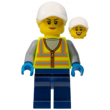 forklift driver - female neon yellow safety vest dark blue legs white cap with bright light yellow ponytail hair