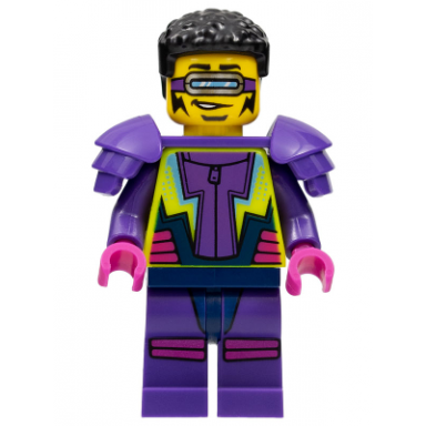 stuntz driver - male dark purple and neon yellow jumpsuit dark purple shoulder pads black coiled hair
