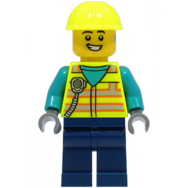 utility truck driver - male neon yellow safety vest with radio dark blue legs neon yellow construction helmet hearing aid