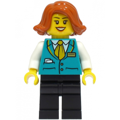 bus driver - female dark turquoise vest black legs dark orange hair