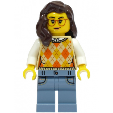 passenger - female tan knit argyle sweater vest sand blue legs with pockets dark brown hair glasses