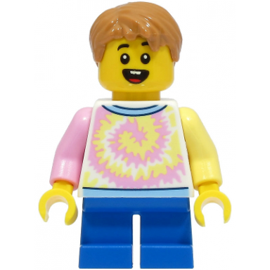 boy - white shirt with swirl blue short legs medium nougat hair