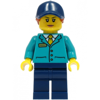 train platform guard - female dark turquoise shirt dark blue legs and cap dark orange hair