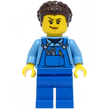 stuntz crew - female blue overalls over medium blue shirt blue legs dark brown hair back print