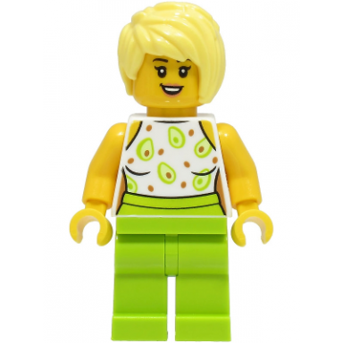 sandwich shop customer - female white top lime legs bright light yellow hair