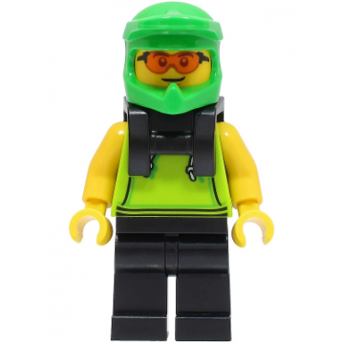 food delivery cyclist - male lime hoodie black legs bright green helmet neck bracket safety glasses