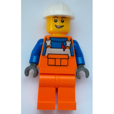 construction worker - male orange overalls with reflective stripe and buckles over blue shirt orange legs white construction helmet open lopsided grin