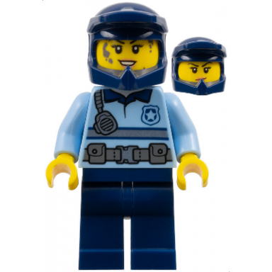 police - city officer female bright light blue shirt with silver stripe badge and radio dark blue legs dark blue dirt bike helmet splotches